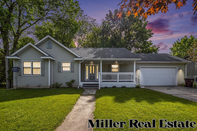 1407 S Dibble St, Hastings, MI 49058 - ranch-style home featuring covered porch, a garage, a lawn, concrete driveway, and roof with shingles