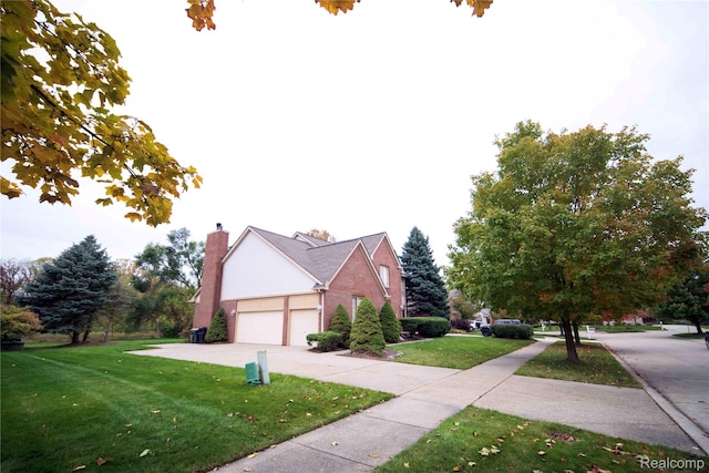 6169 Valley View Dr, Canton, MI 48187 - view of property exterior featuring a lawn, brick siding, concrete driveway, a garage, and a chimney