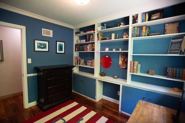 1204 Bydding Rd, Ann Arbor, MI 48103 - living area featuring dark wood-style flooring, baseboards, and crown molding