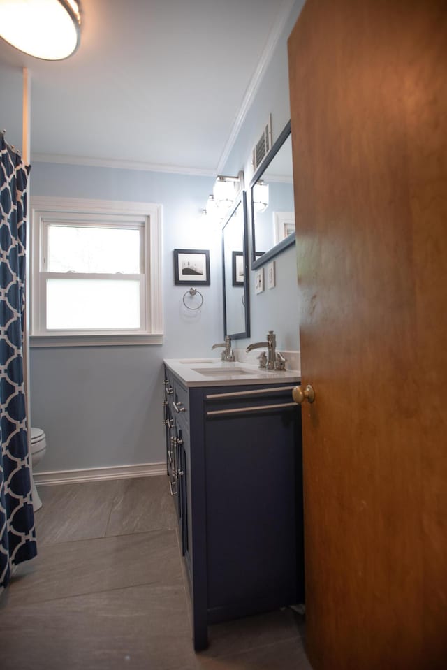 1204 Bydding Rd, Ann Arbor, MI 48103 - bathroom featuring crown molding, double vanity, and toilet