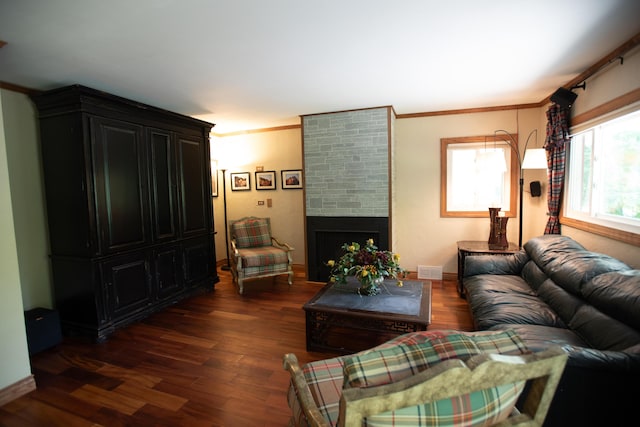 1204 Bydding Rd, Ann Arbor, MI 48103 - living room with dark wood-style floors, a large fireplace, crown molding, and baseboards