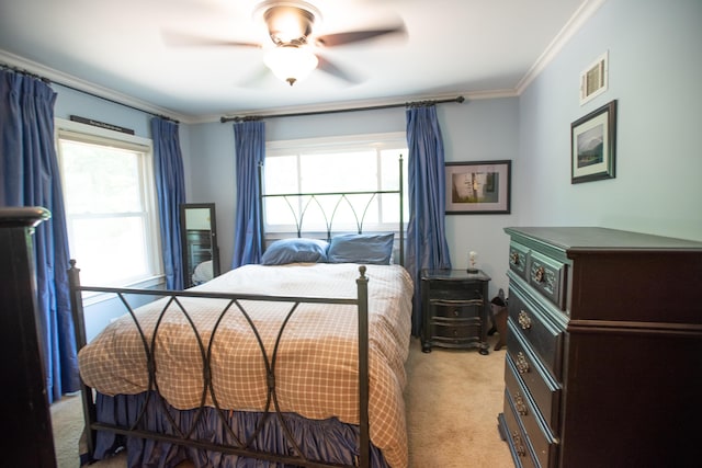 1204 Bydding Rd, Ann Arbor, MI 48103 - bedroom with light colored carpet, ornamental molding, and ceiling fan