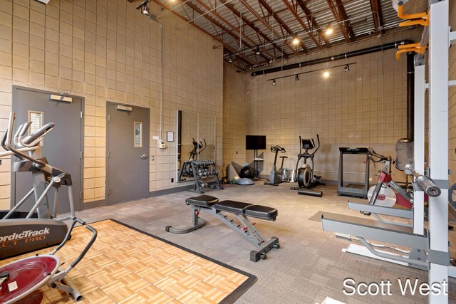 801 Monroe Ave NW Unit 402, Grand Rapids, MI 49503 - exercise room featuring a high ceiling and tile walls