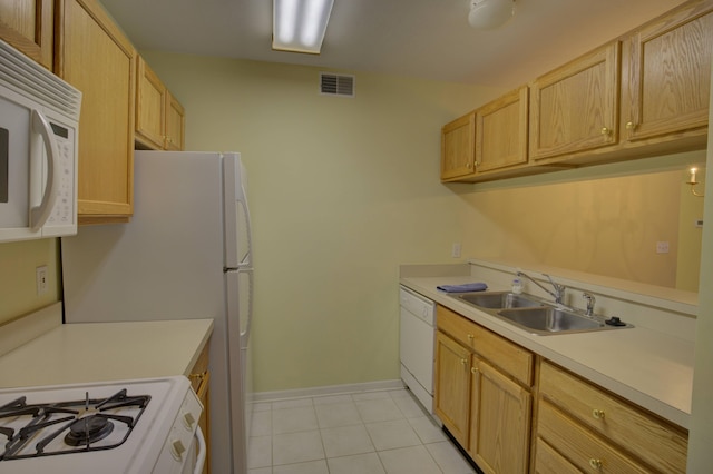 920 Oakbrook Dr, Jackson, MI 49203 - kitchen with white appliances, a sink, light countertops, light tile patterned floors, and baseboards
