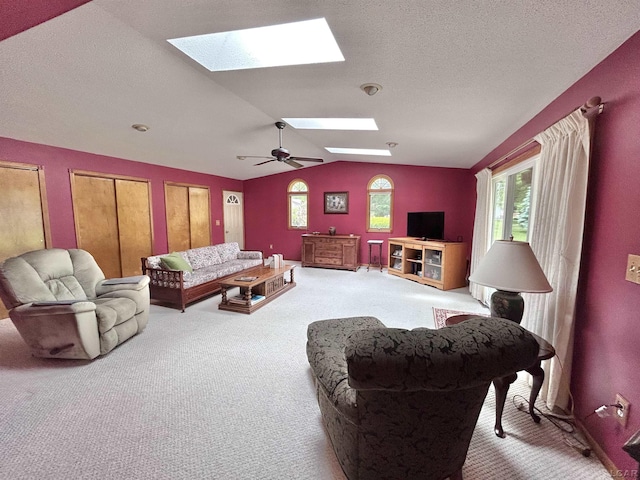818 W Chestnut St, Morenci, MI 49256 - carpeted living room with a skylight, vaulted ceiling, ceiling fan, and a textured ceiling
