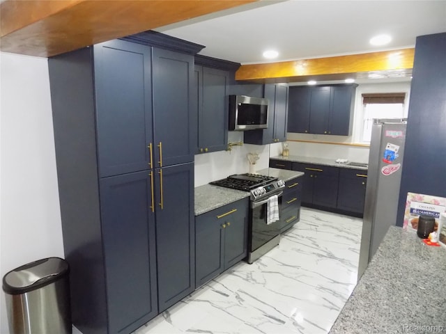 9207 Whitall Ln, Trenton, MI 48138 - kitchen featuring appliances with stainless steel finishes, light marble finish flooring, recessed lighting, blue cabinetry, and light stone countertops