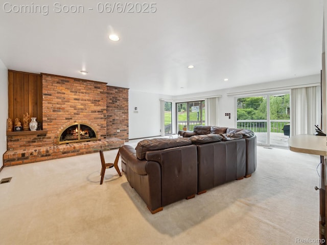 4677 Rolling Ridge Rd, West Bloomfield, MI 48323 - living area with light colored carpet, a fireplace, and recessed lighting