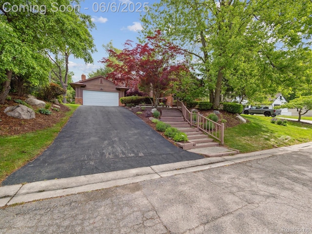 4677 Rolling Ridge Rd, West Bloomfield, MI 48323 - view of property hidden behind natural elements with driveway, a front lawn, and a chimney