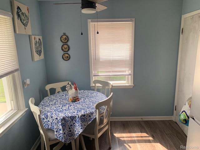 17439 Brody Ave, Allen Park, MI 48101 - dining room featuring wood finished floors, ceiling fan, and baseboards