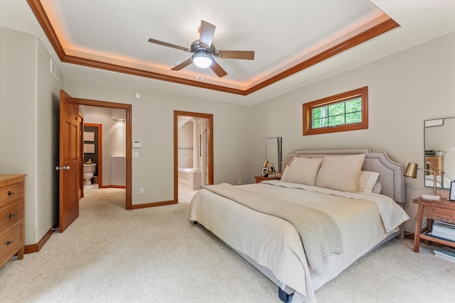 11082 Hoffman Rd, Marcellus, MI 49067 - bedroom with a raised ceiling, light colored carpet, baseboards, a ceiling fan, and ensuite bath