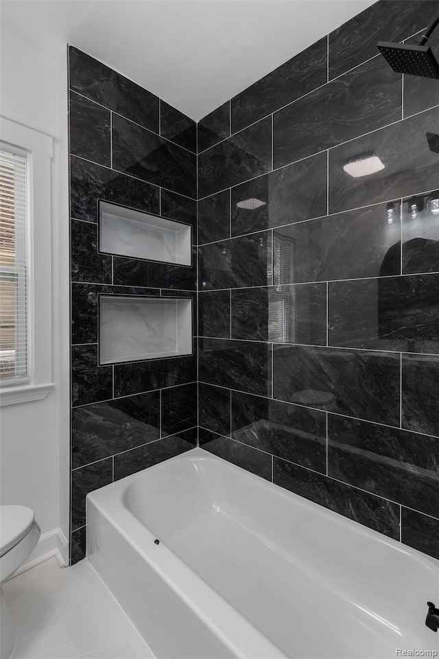 7505 E Robinwood St, Detroit, MI 48234 - full bath with toilet, baseboards, bathtub / shower combination, and marble look tiles
