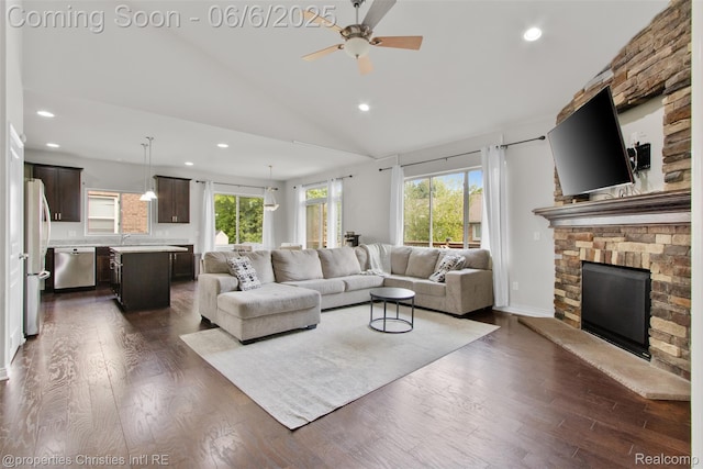 21109 Oak Ridge Dr, Clinton Township, MI 48036 - living area featuring ceiling fan, a fireplace, recessed lighting, dark wood-style flooring, and vaulted ceiling
