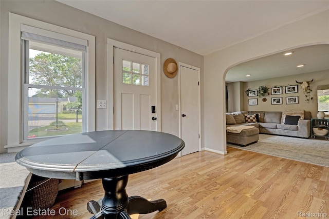 110 Minnetonka Dr, Oxford, MI 48371 - entryway featuring arched walkways, light wood finished floors, plenty of natural light, baseboards, and recessed lighting