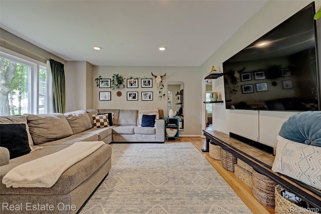 110 Minnetonka Dr, Oxford, MI 48371 - living area featuring arched walkways, light wood finished floors, and recessed lighting