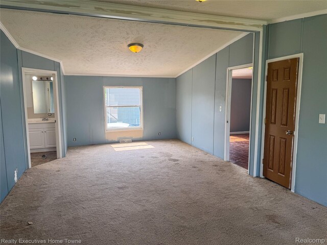 59227 Lewis Ln, New Haven, MI 48048 - unfurnished bedroom with lofted ceiling, carpet flooring, ornamental molding, connected bathroom, and a textured ceiling