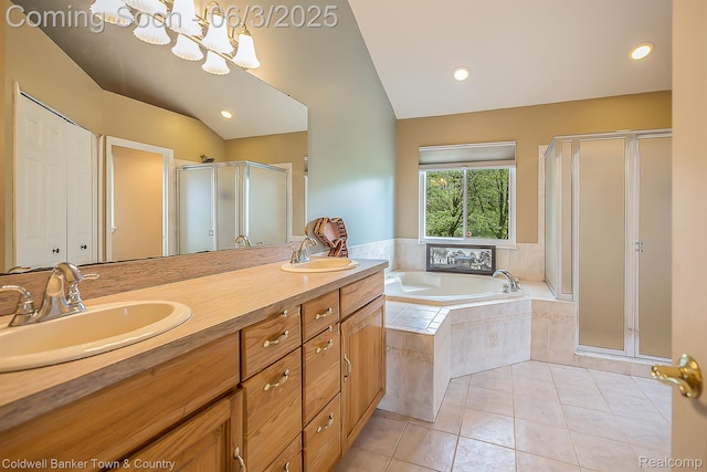 1355 Maxfield Rd, Brighton, MI 48114 - full bath featuring a shower stall, tile patterned flooring, a bath, double vanity, and vaulted ceiling