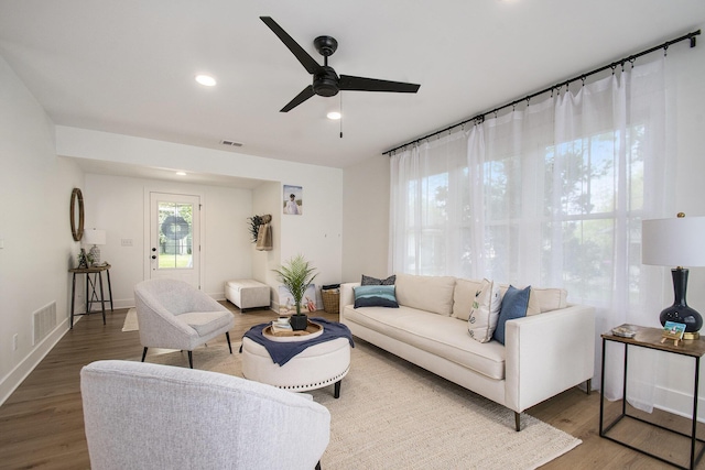 121 S Barker St, New Buffalo, MI 49117 - living room featuring a ceiling fan, wood finished floors, recessed lighting, and baseboards