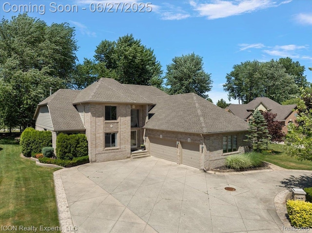 18529 Sumpter Forest Dr, Macomb, MI 48042 - french country style house with brick siding, a garage, roof with shingles, and driveway