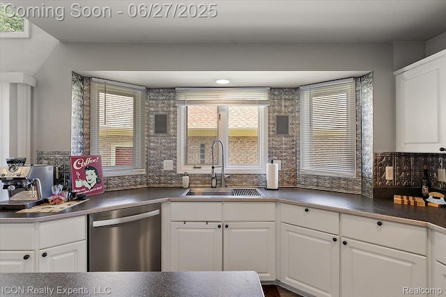 18529 Sumpter Forest Dr, Macomb, MI 48042 - kitchen with dishwasher, dark countertops, and white cabinets