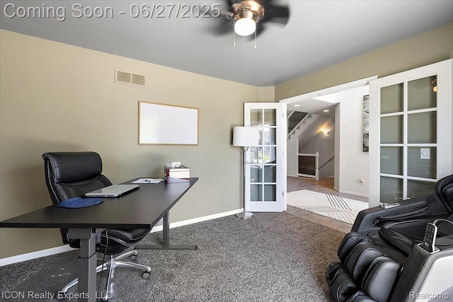 18529 Sumpter Forest Dr, Macomb, MI 48042 - carpeted office featuring a ceiling fan and french doors