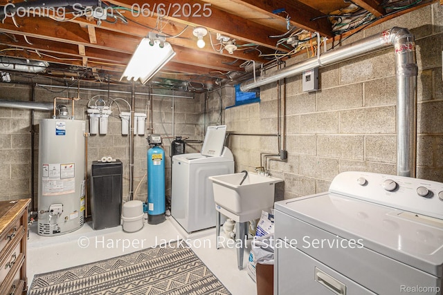 2210 Brookhaven Dr, Flint, MI 48507 - unfinished basement with water heater, separate washer and dryer, and a sink