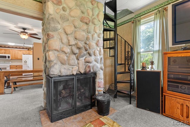 4460 Munger Rd, Tipton, MI 49287 - living area with a ceiling fan, light carpet, and stairs