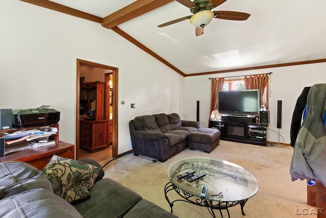 4460 Munger Rd, Tipton, MI 49287 - living room featuring carpet, a ceiling fan, ornamental molding, and baseboards