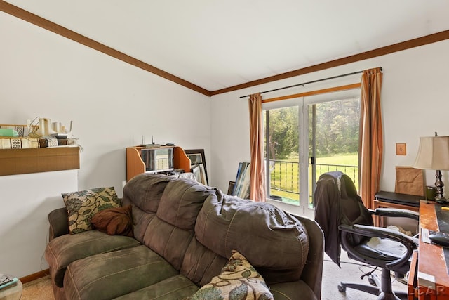 4460 Munger Rd, Tipton, MI 49287 - living area with an office area, carpet floors, lofted ceiling, and crown molding