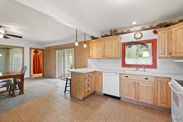 4460 Munger Rd, Tipton, MI 49287 - kitchen featuring white appliances, a sink, a peninsula, light countertops, and light brown cabinets