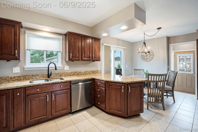 16362 Glenfield Dr, Macomb, MI 48044 - kitchen featuring stainless steel dishwasher, a sink, a peninsula, hanging light fixtures, and light tile patterned floors