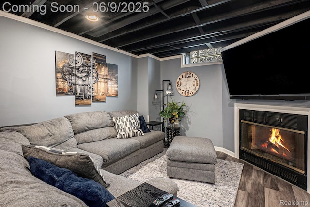16362 Glenfield Dr, Macomb, MI 48044 - living room with a glass covered fireplace, wood finished floors, crown molding, and baseboards