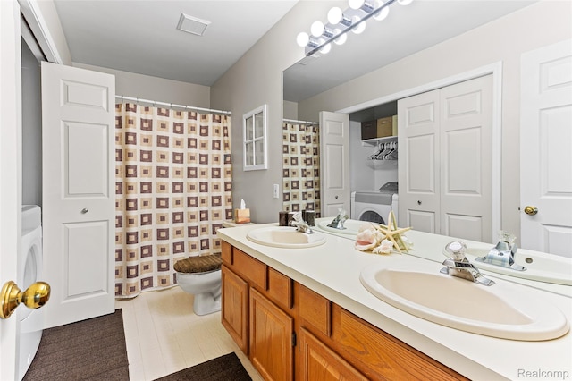 45785 Bryn Mawr Rd, Canton, MI 48187 - full bath featuring toilet, double vanity, washer / clothes dryer, and curtained shower