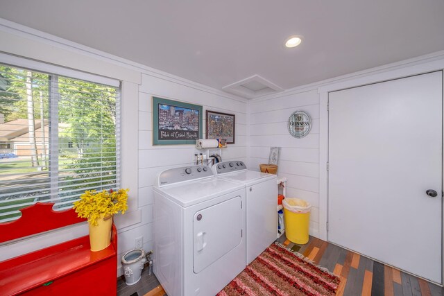 11198 E Royal Rd, Canadian Lakes, MI 49346 - laundry room featuring washer and clothes dryer, wood finished floors, attic access, and recessed lighting