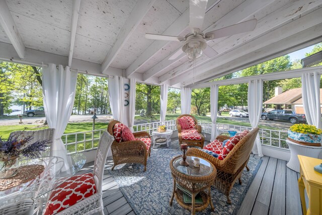 11198 E Royal Rd, Canadian Lakes, MI 49346 - sunroom / solarium with ceiling fan, plenty of natural light, and beamed ceiling