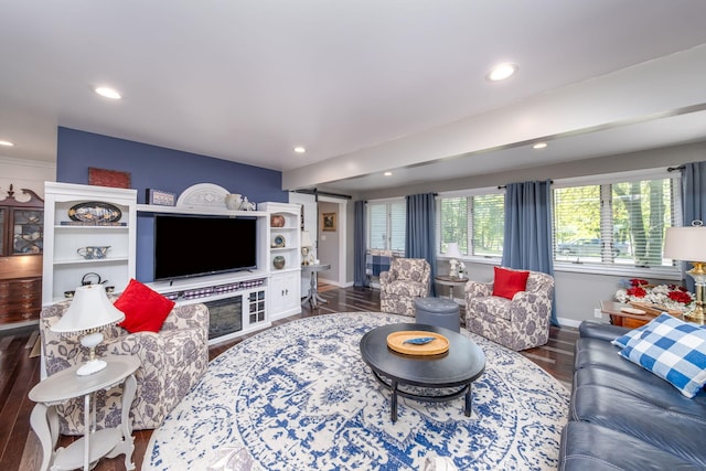 11198 E Royal Rd, Canadian Lakes, MI 49346 - living area with wood finished floors, baseboards, recessed lighting, and a barn door