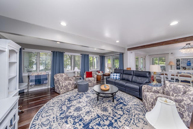11198 E Royal Rd, Canadian Lakes, MI 49346 - living room featuring dark wood finished floors, healthy amount of natural light, recessed lighting, and a chandelier