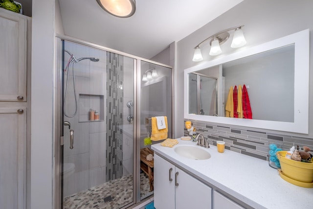11198 E Royal Rd, Canadian Lakes, MI 49346 - bathroom with tasteful backsplash, vanity, and a shower stall