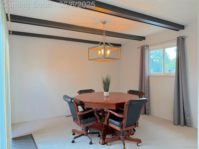 32851 Dover Ave, Warren, MI 48088 - dining space featuring beamed ceiling, a chandelier, and carpet