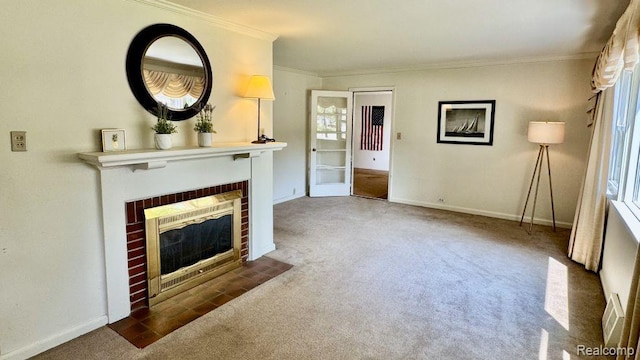 612 Cressfield Ln, Ann Arbor, MI 48103 - unfurnished living room with a brick fireplace, carpet flooring, ornamental molding, and baseboards