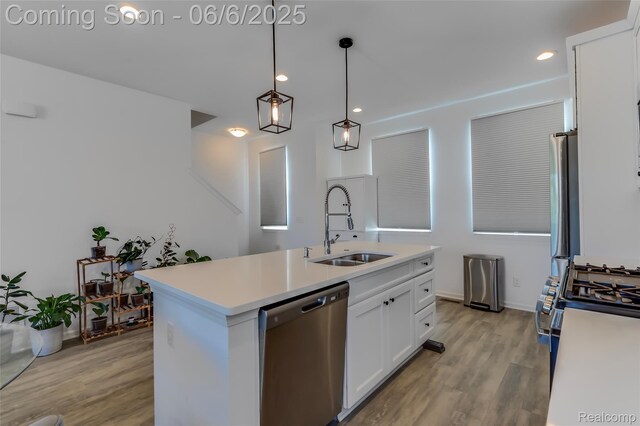137 Monument Ln, Wixom, MI 48393 - kitchen featuring stainless steel appliances, a sink, white cabinetry, light wood-style flooring, and light countertops