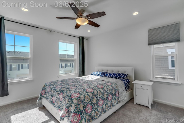 137 Monument Ln, Wixom, MI 48393 - bedroom with light carpet, baseboards, recessed lighting, and ceiling fan