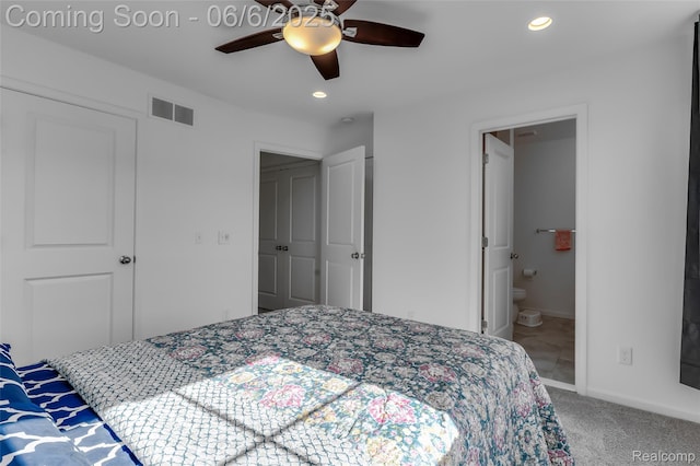 137 Monument Ln, Wixom, MI 48393 - carpeted bedroom featuring recessed lighting, ensuite bathroom, baseboards, and a ceiling fan