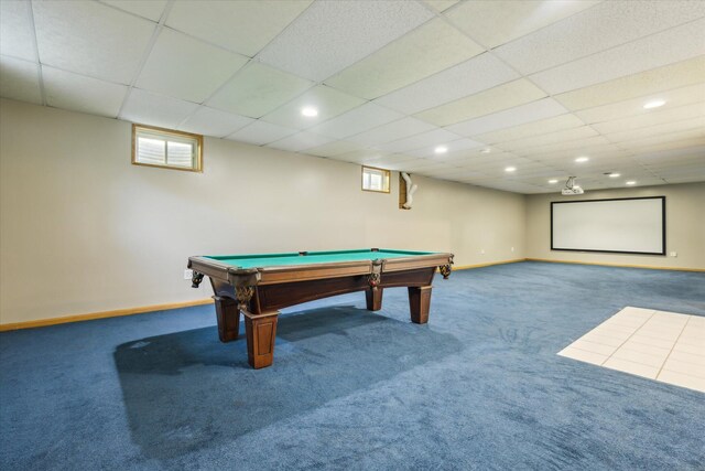 502 Woodland Dr, Buchanan, MI 49107 - recreation room with carpet, baseboards, a paneled ceiling, recessed lighting, and pool table