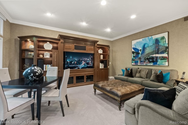 6566 Bristol Dr, West Bloomfield, MI 48322 - living area with light colored carpet, ornamental molding, and recessed lighting