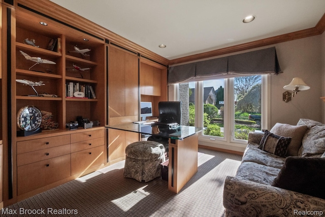 6566 Bristol Dr, West Bloomfield, MI 48322 - home office featuring ornamental molding, light carpet, and recessed lighting
