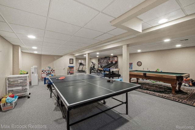 6566 Bristol Dr, West Bloomfield, MI 48322 - game room with carpet, a drop ceiling, and billiards