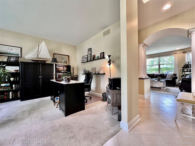 3105 E Woodland Dr, Port Huron, MI 48060 - office with decorative columns, arched walkways, light tile patterned floors, and light carpet