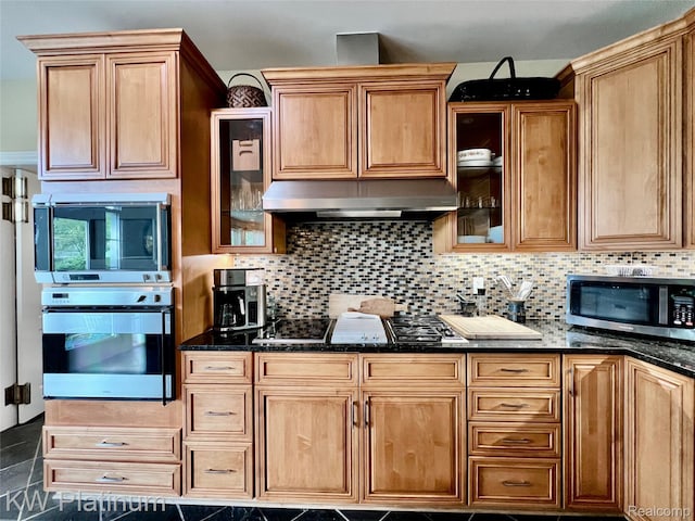 3105 E Woodland Dr, Port Huron, MI 48060 - kitchen featuring appliances with stainless steel finishes, under cabinet range hood, tasteful backsplash, and dark stone countertops