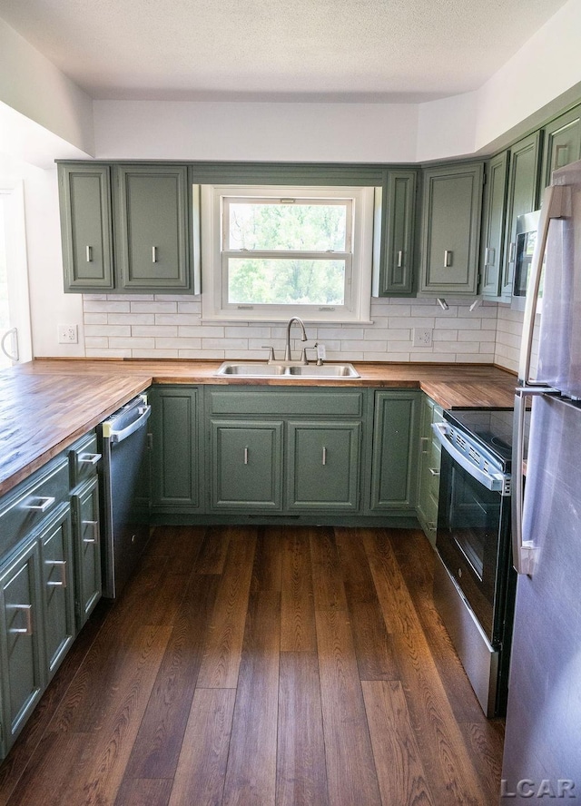 1443 N Posey Lake Rd, Hudson, MI 49247 - kitchen featuring wood counters, green cabinetry, and a sink