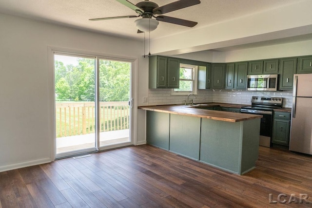 1443 N Posey Lake Rd, Hudson, MI 49247 - kitchen featuring stainless steel appliances, butcher block countertops, green cabinets, tasteful backsplash, and a sink